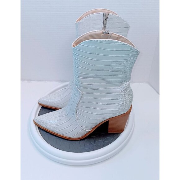 White Faux Crocodile Leather Ankle Boots With Side Zipper & Block Heel Size 9 - Picture 7 of 8